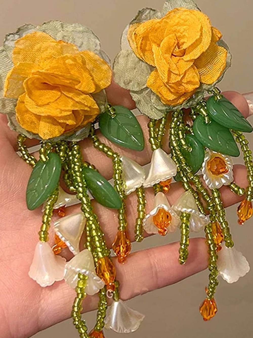 Yellow Flower Drop Earrings with Green Leaf Beads - Picture 4 of 4